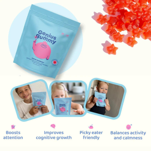 Genius Gummy Focus Gummies benefits and kid-friendly user photos showing attention and calmness