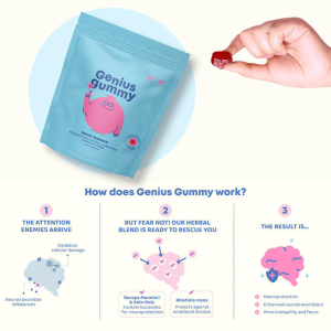 Genius Gummy Focus Gummies how it works infographic showing cognitive support mechanism